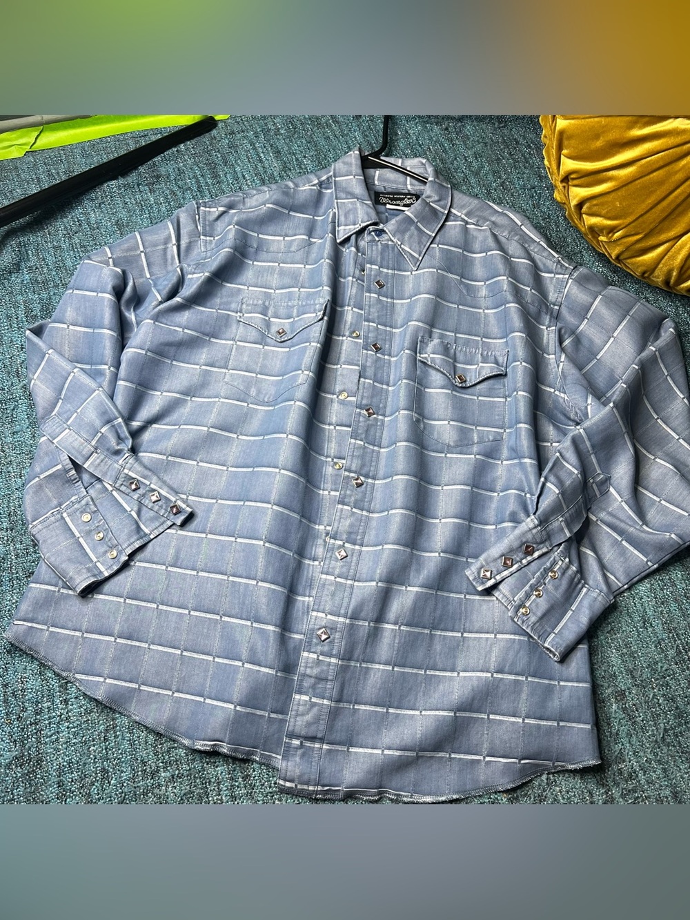 Vintage Wrangler Pearl Snap Button Up Shirt Square Shaped Buttons Blue Men's XL